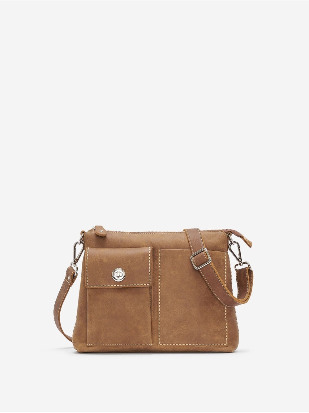 Roots The Villager Tribe Brown Leather Crossbody with Front Patch Pockets
